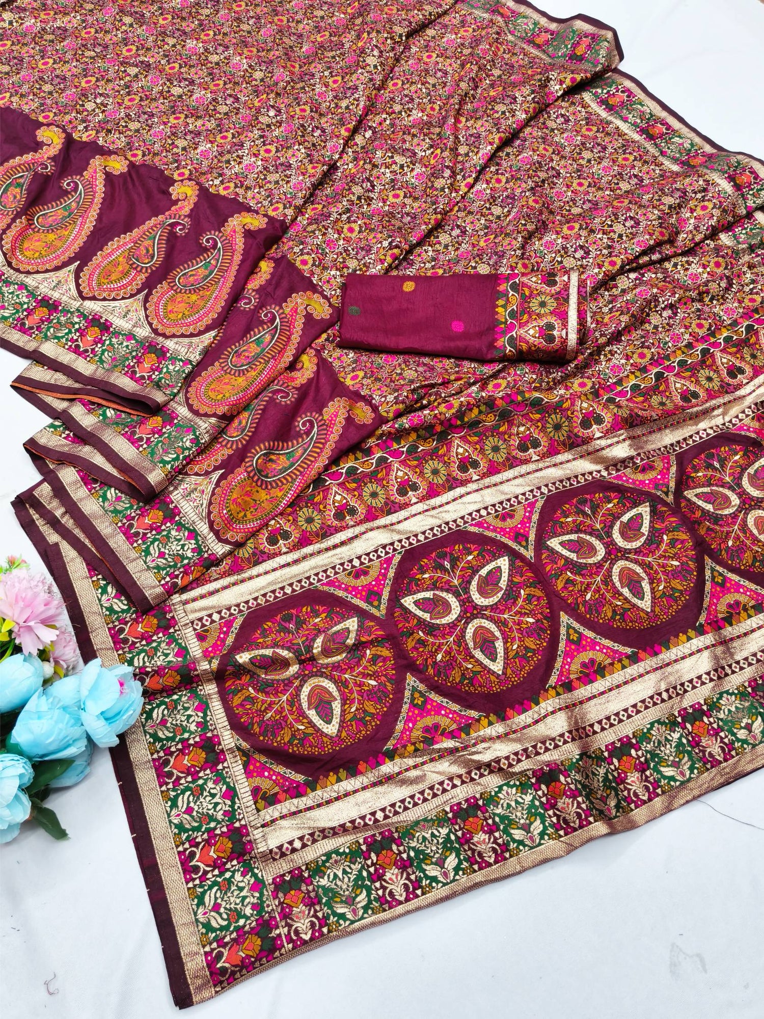 Forbearance Wine Nylon Dola Pashmina Saree With Prominent Blouse Piece