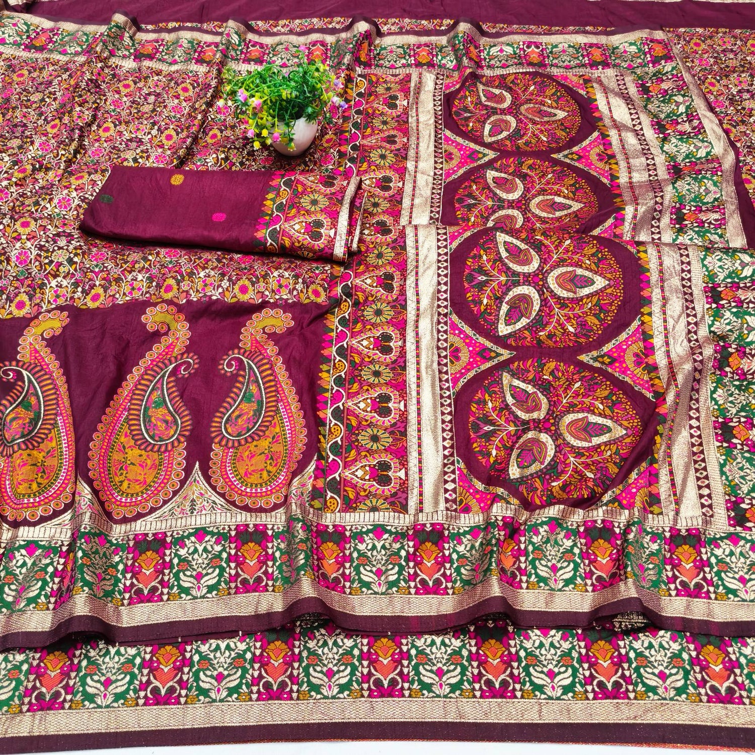 Forbearance Wine Nylon Dola Pashmina Saree With Prominent Blouse Piece