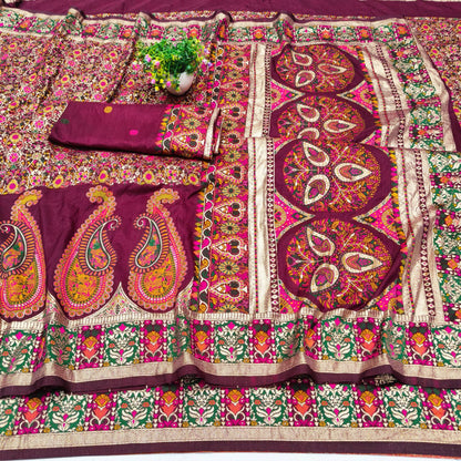 Forbearance Wine Nylon Dola Pashmina Saree With Prominent Blouse Piece