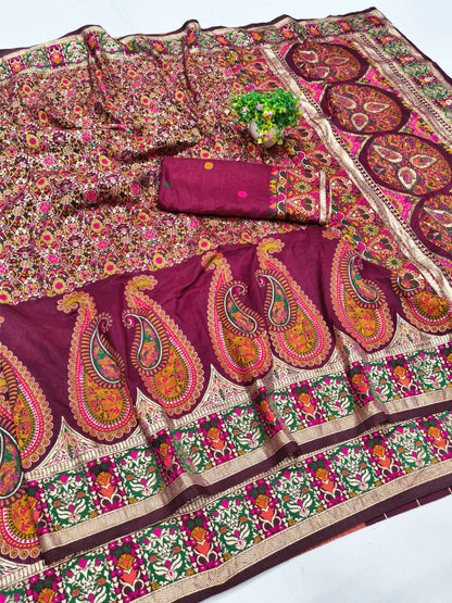 Forbearance Wine Nylon Dola Pashmina Saree With Prominent Blouse Piece