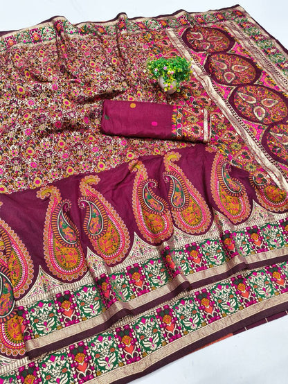 Forbearance Wine Nylon Dola Pashmina Saree With Prominent Blouse Piece