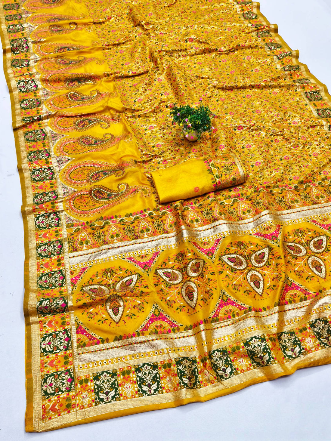 Seraphic Yellow Nylon Dola Pashmina Saree With Resplendent Blouse Piece