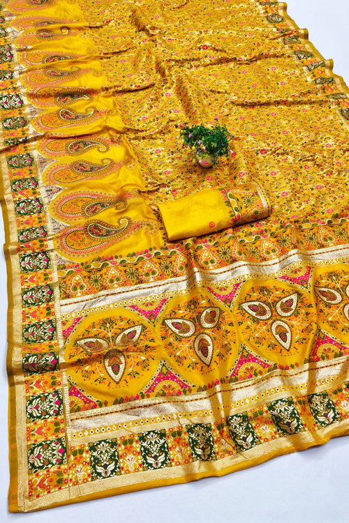 Load image into Gallery viewer, Seraphic Yellow Nylon Dola Pashmina Saree With Resplendent Blouse Piece
