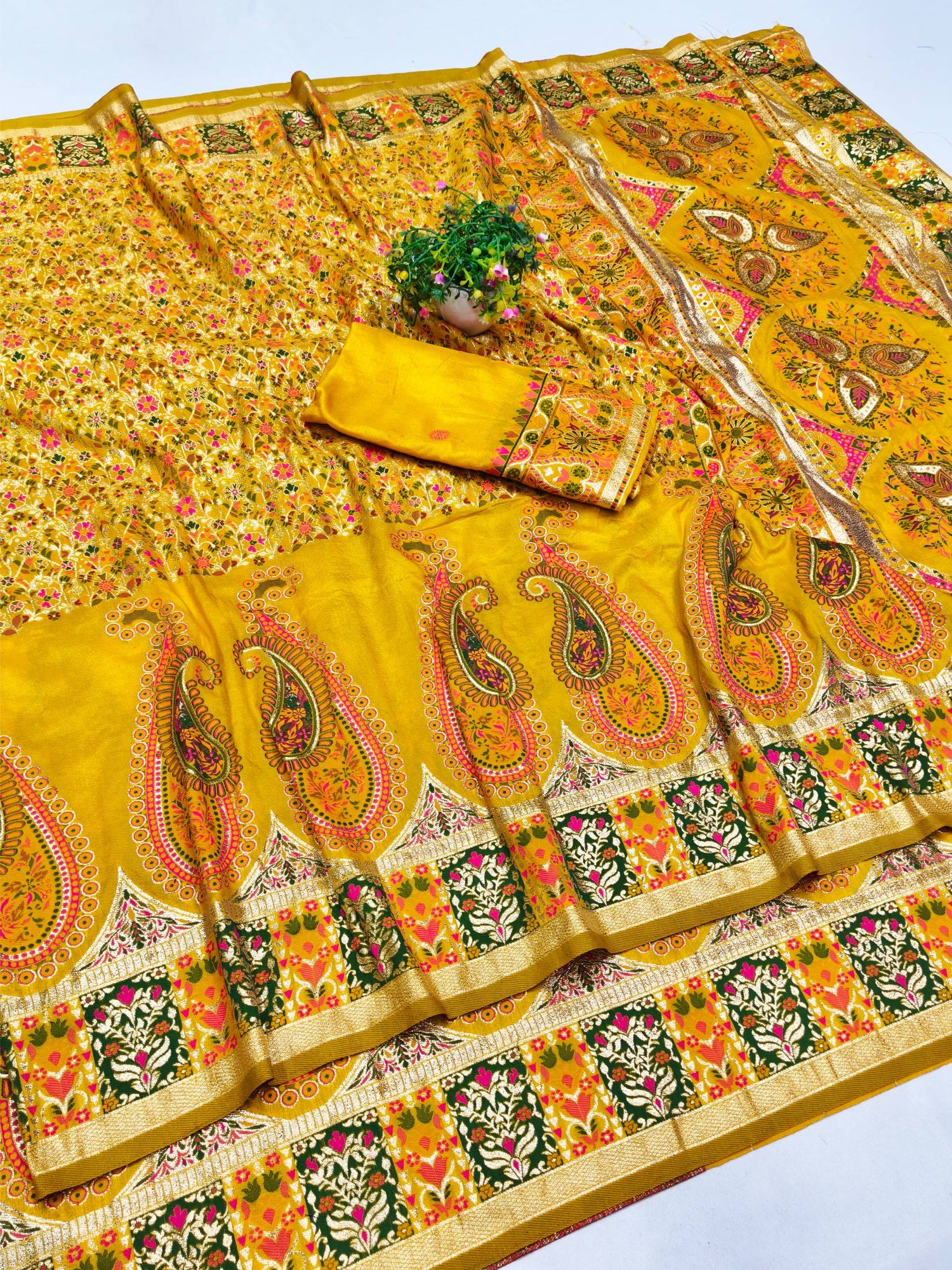 Seraphic Yellow Nylon Dola Pashmina Saree With Resplendent Blouse Piece