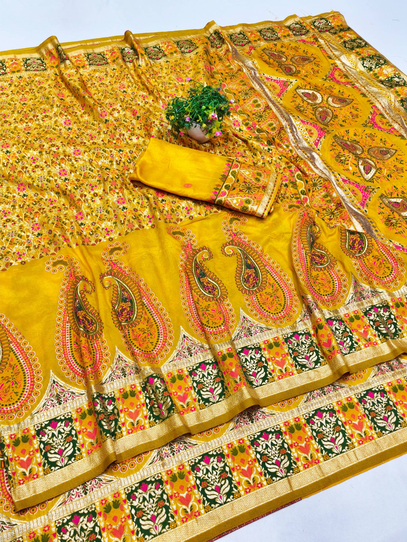 Seraphic Yellow Nylon Dola Pashmina Saree With Resplendent Blouse Piece