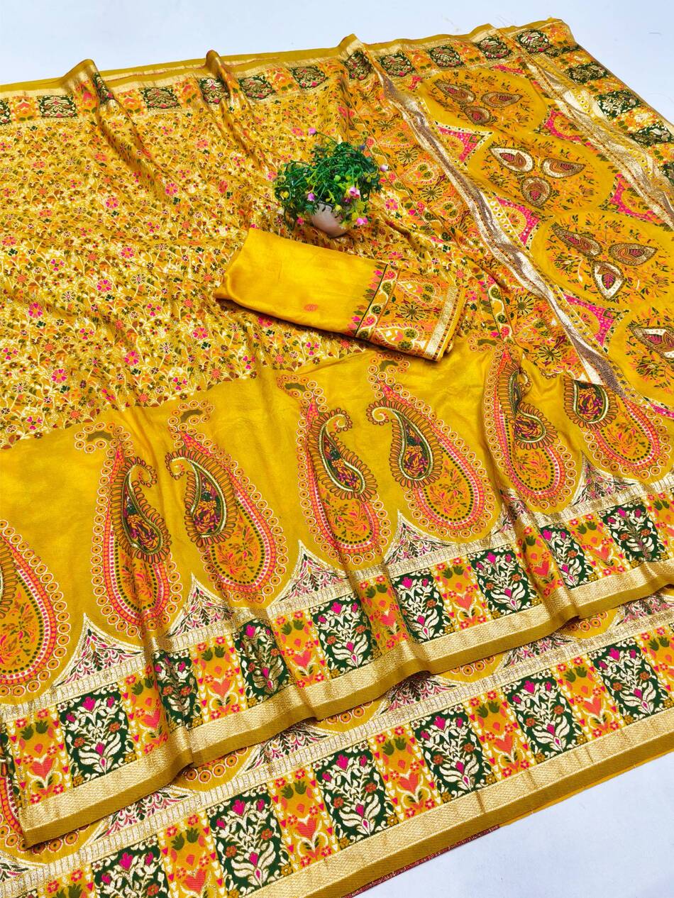 Seraphic Yellow Nylon Dola Pashmina Saree With Resplendent Blouse Piece