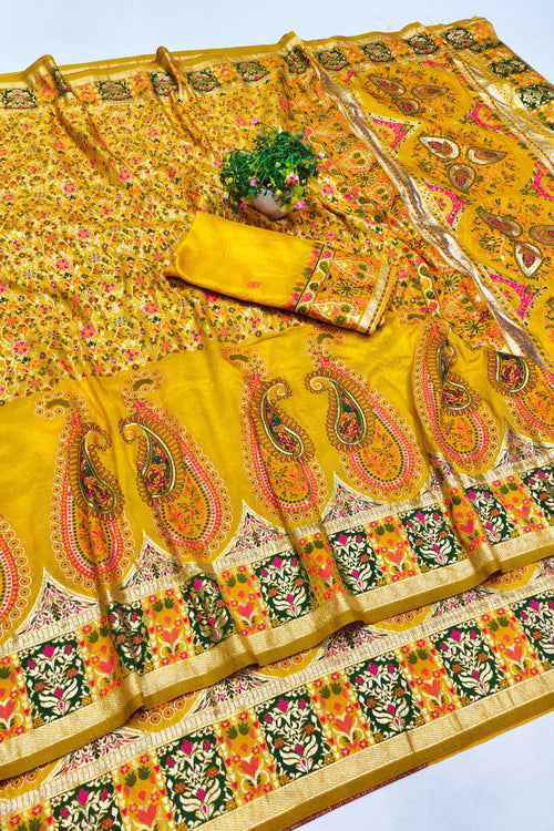 Load image into Gallery viewer, Seraphic Yellow Nylon Dola Pashmina Saree With Resplendent Blouse Piece
