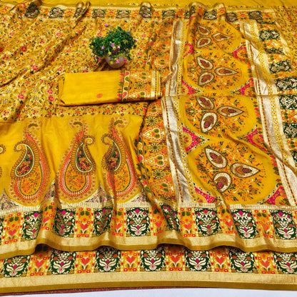 Seraphic Yellow Nylon Dola Pashmina Saree With Resplendent Blouse Piece