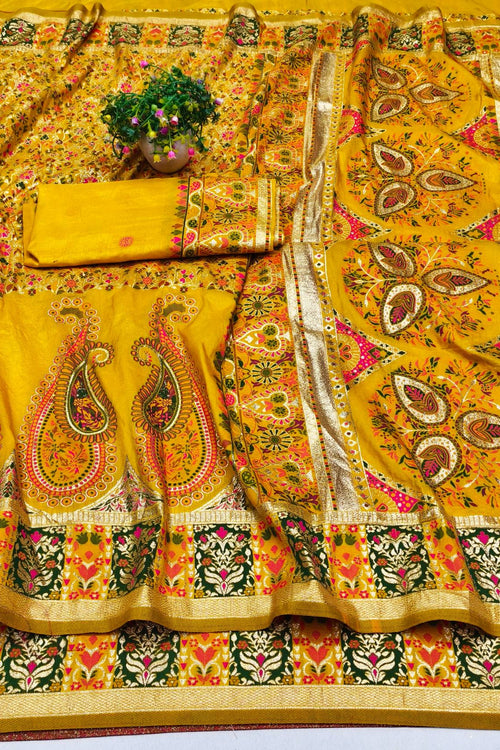 Load image into Gallery viewer, Seraphic Yellow Nylon Dola Pashmina Saree With Resplendent Blouse Piece
