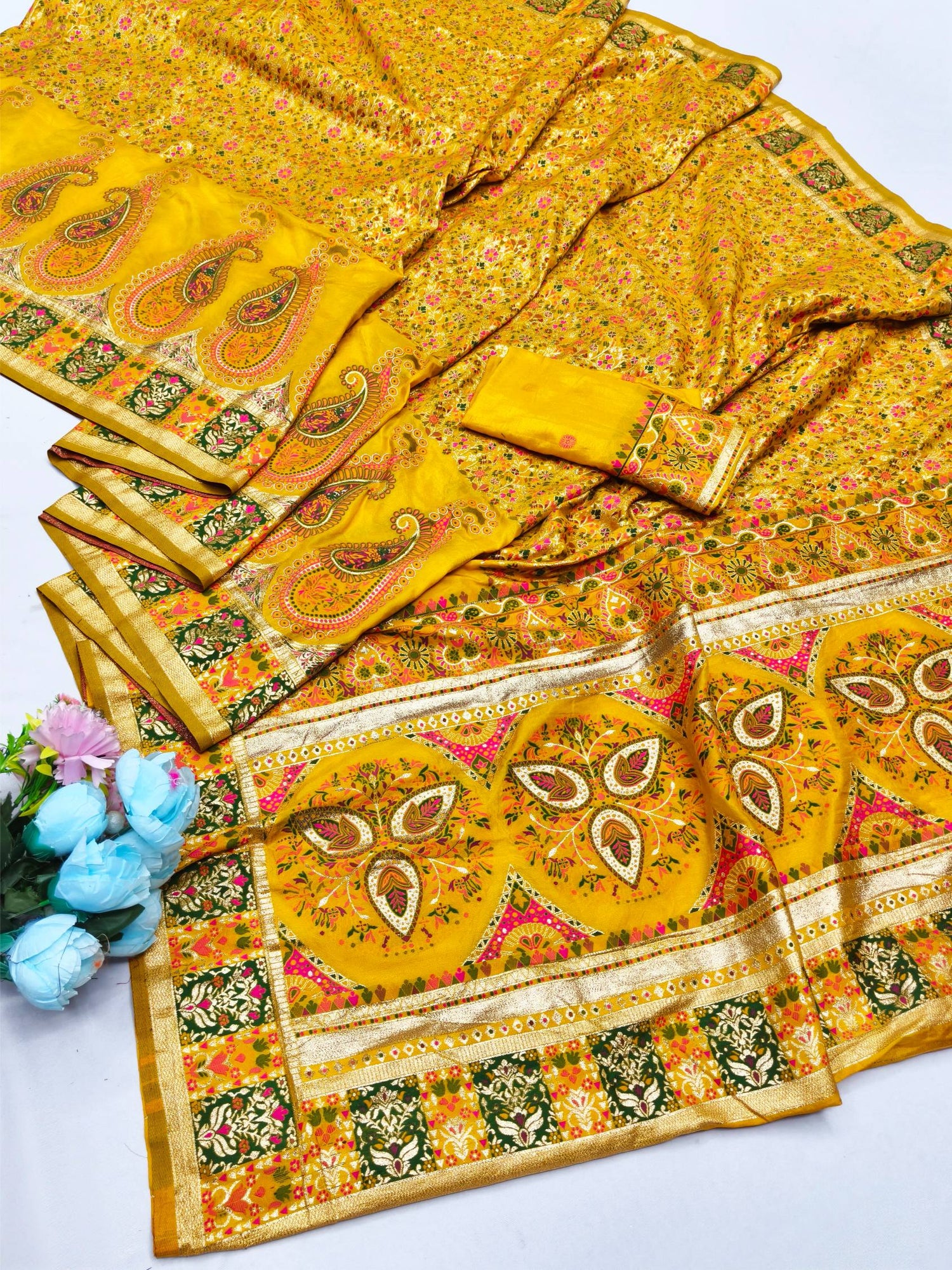 Seraphic Yellow Nylon Dola Pashmina Saree With Resplendent Blouse Piece