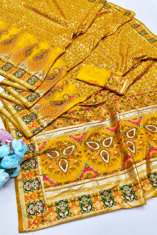 Load image into Gallery viewer, Seraphic Yellow Nylon Dola Pashmina Saree With Resplendent Blouse Piece
