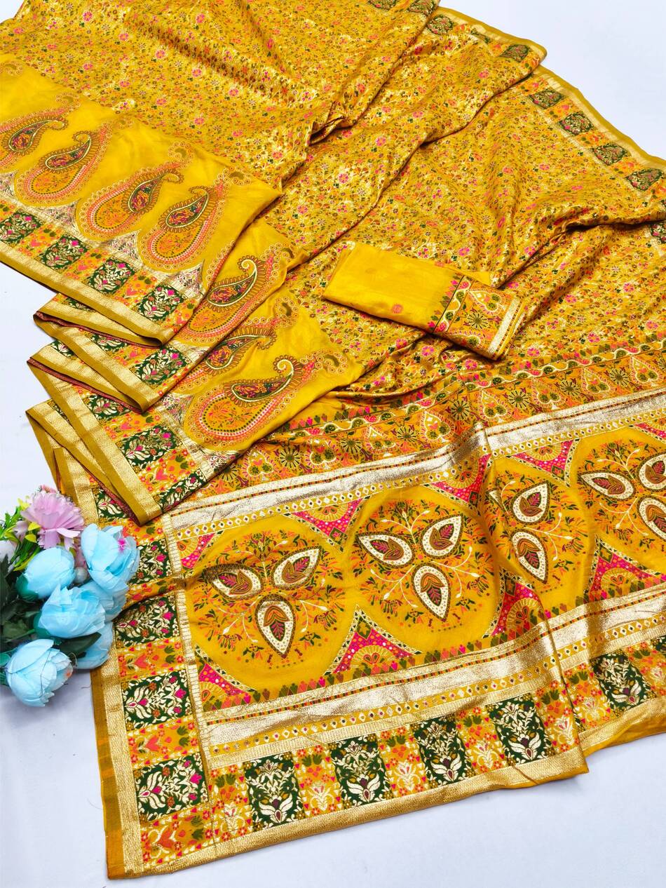 Seraphic Yellow Nylon Dola Pashmina Saree With Resplendent Blouse Piece
