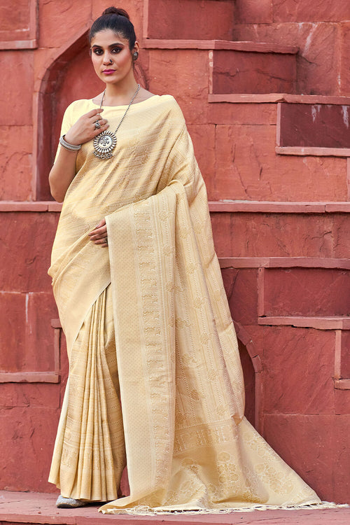 Load image into Gallery viewer, Pretty Beige Kanjivaram Silk Saree With Sizzling Blouse Piece
