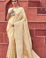 Pretty Beige Kanjivaram Silk Saree With Sizzling Blouse Piece