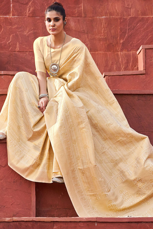 Load image into Gallery viewer, Pretty Beige Kanjivaram Silk Saree With Sizzling Blouse Piece
