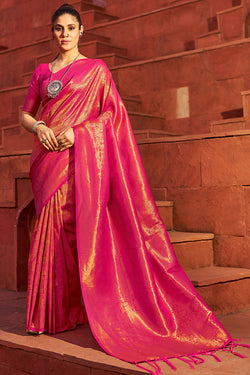Outstanding Dark Pink Kanjivaram Silk Saree With Jazzy Blouse Piece