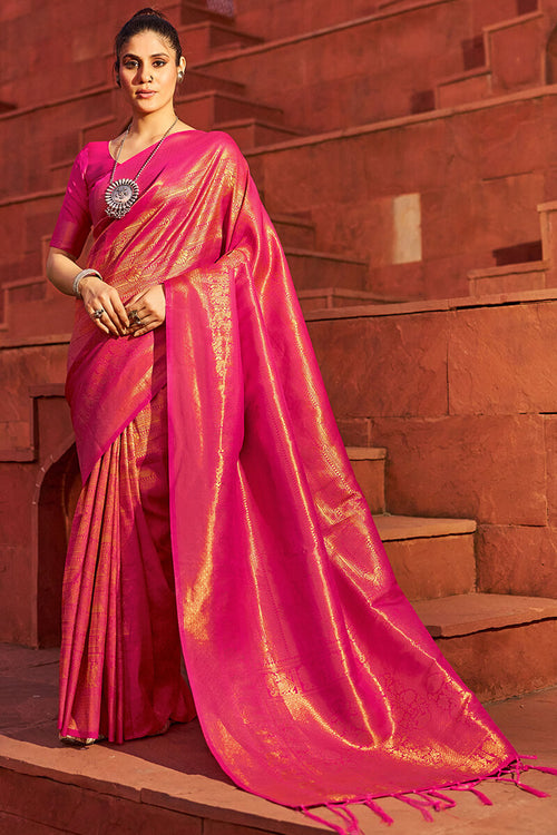 Load image into Gallery viewer, Outstanding Dark Pink Kanjivaram Silk Saree With Jazzy Blouse Piece
