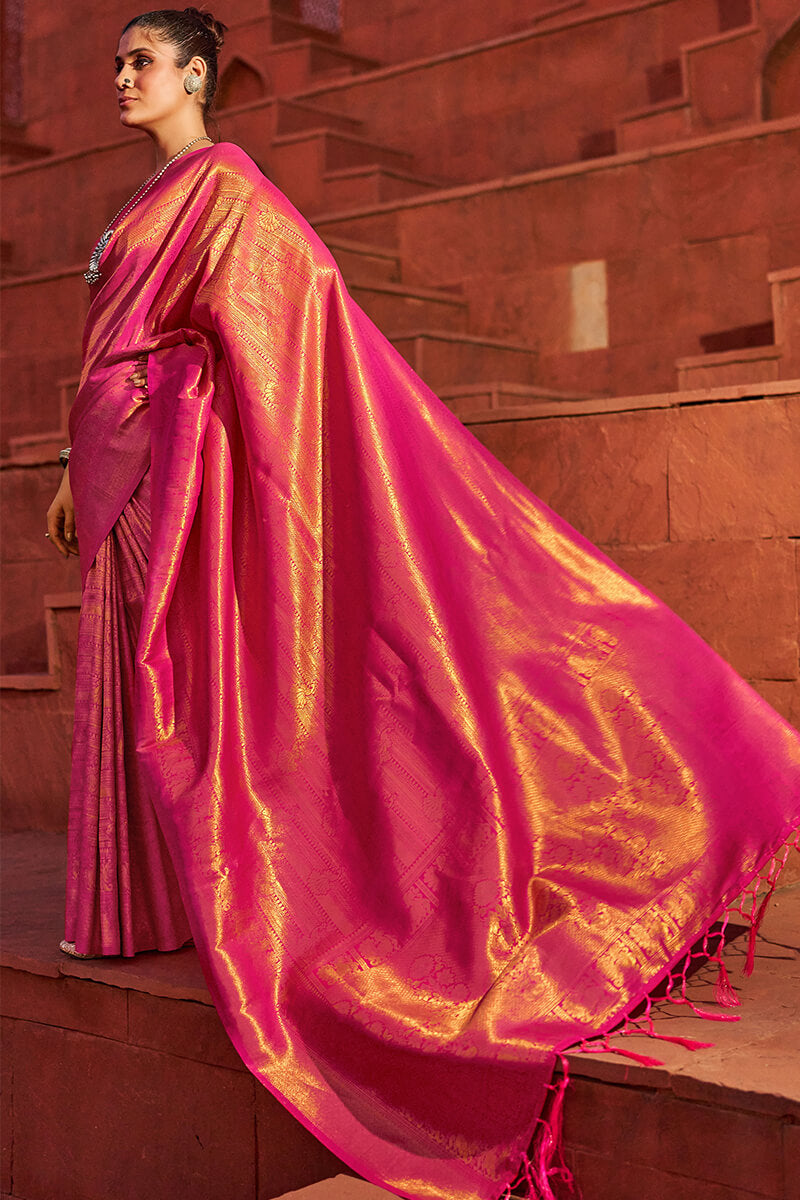 Outstanding Dark Pink Kanjivaram Silk Saree With Jazzy Blouse Piece