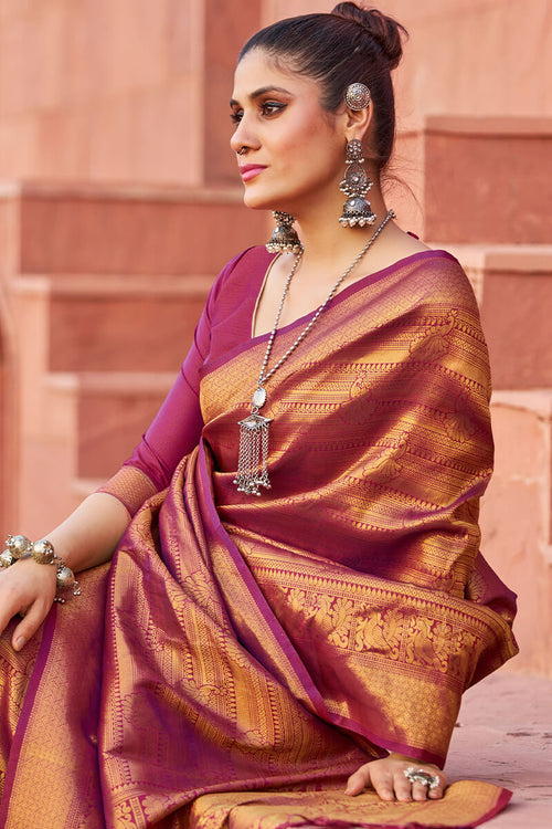 Load image into Gallery viewer, Adorable Purple Kanjivaram Silk Saree With Pleasant Blouse Piece
