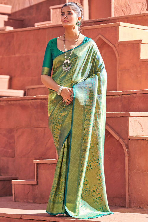 Load image into Gallery viewer, Exquisite Rama Kanjivaram Silk Saree With Classic Blouse Piece
