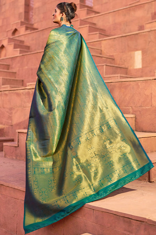 Load image into Gallery viewer, Exquisite Rama Kanjivaram Silk Saree With Classic Blouse Piece
