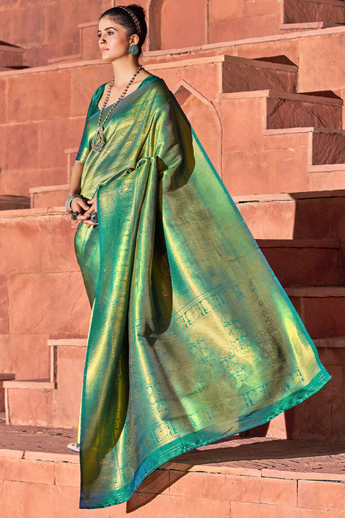 Load image into Gallery viewer, Exquisite Rama Kanjivaram Silk Saree With Classic Blouse Piece
