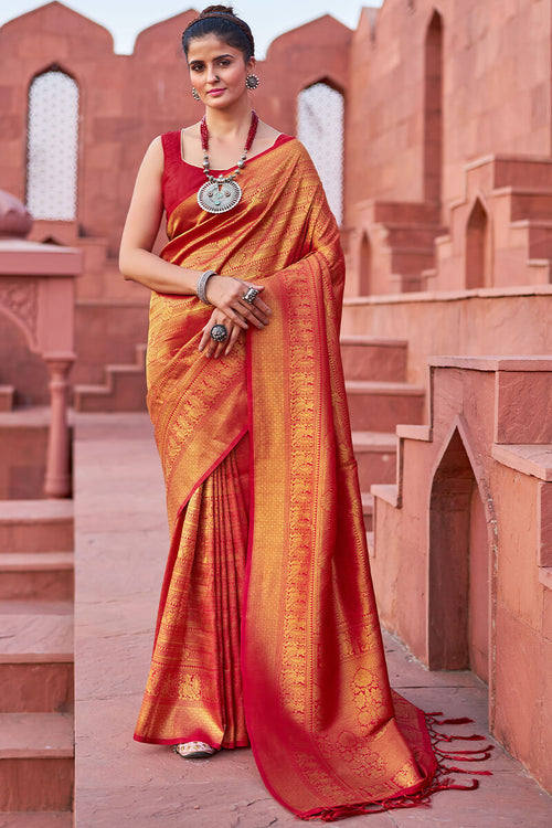 Load image into Gallery viewer, Assemblage Red Kanjivaram Silk Saree With Diaphanous Blouse Piece
