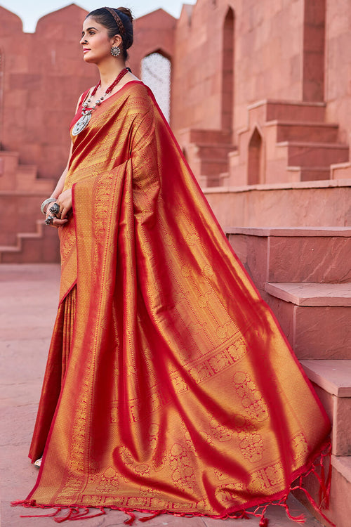 Load image into Gallery viewer, Assemblage Red Kanjivaram Silk Saree With Diaphanous Blouse Piece
