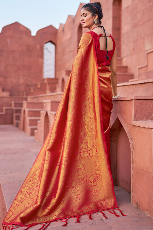 Load image into Gallery viewer, Assemblage Red Kanjivaram Silk Saree With Diaphanous Blouse Piece
