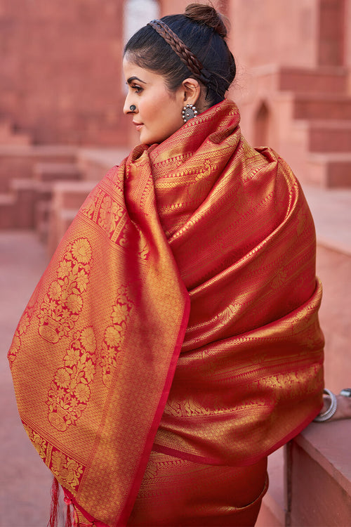 Load image into Gallery viewer, Assemblage Red Kanjivaram Silk Saree With Diaphanous Blouse Piece
