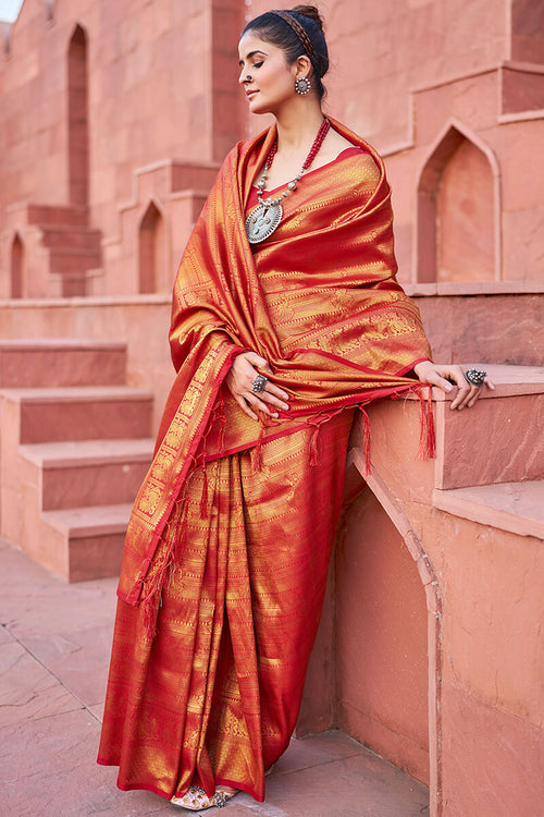 Load image into Gallery viewer, Assemblage Red Kanjivaram Silk Saree With Diaphanous Blouse Piece
