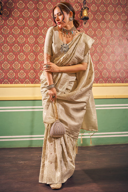 Load image into Gallery viewer, Transcendent Beige Soft Banarasi Silk Saree With Whimsical Blouse Piece
