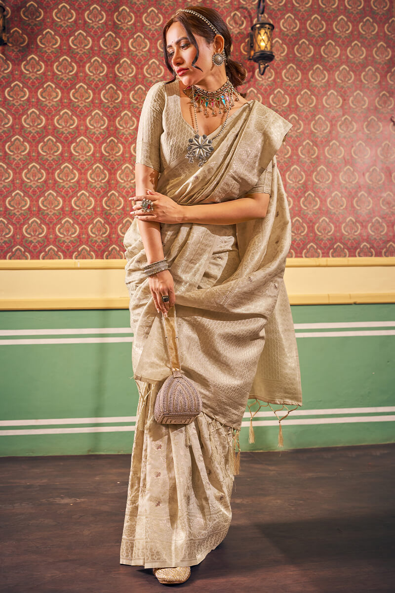 Transcendent Beige Soft Banarasi Silk Saree With Whimsical Blouse Piece