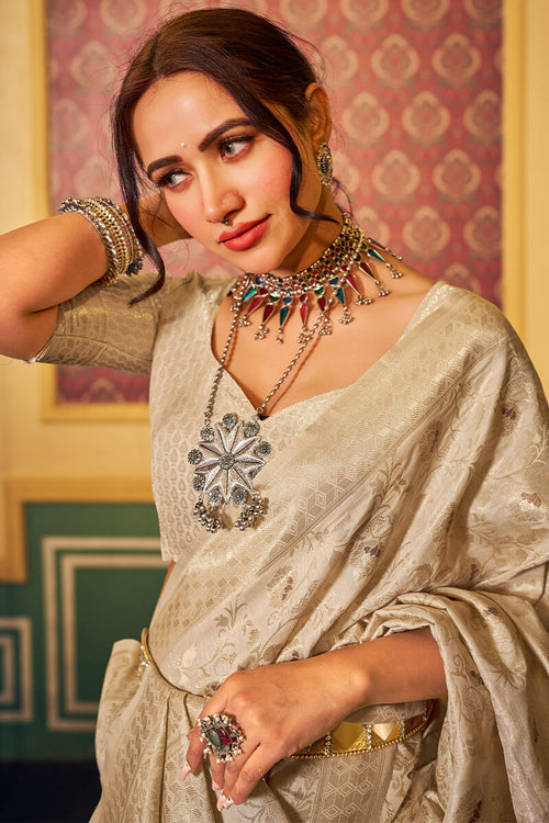 Load image into Gallery viewer, Transcendent Beige Soft Banarasi Silk Saree With Whimsical Blouse Piece
