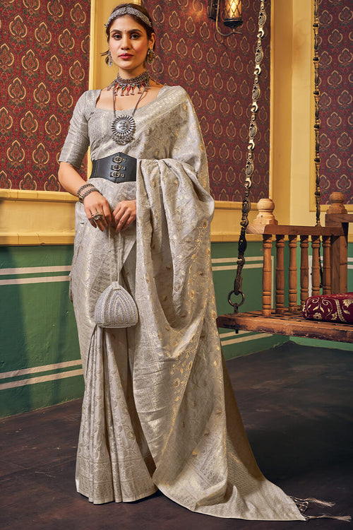 Load image into Gallery viewer, Ravishing Grey Soft Banarasi Silk Saree With Grandiose Blouse Piece
