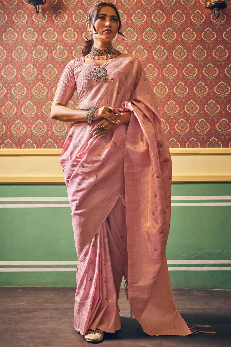 Enamoring Light Pink Soft Banarasi Silk Saree With Jubilant Blouse Piece