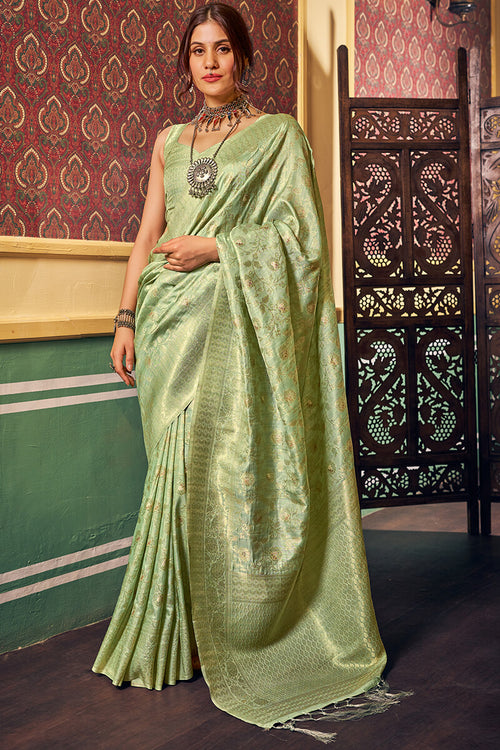 Load image into Gallery viewer, Magnetic Pista Soft Banarasi Silk Saree With Propinquity Blouse Piece
