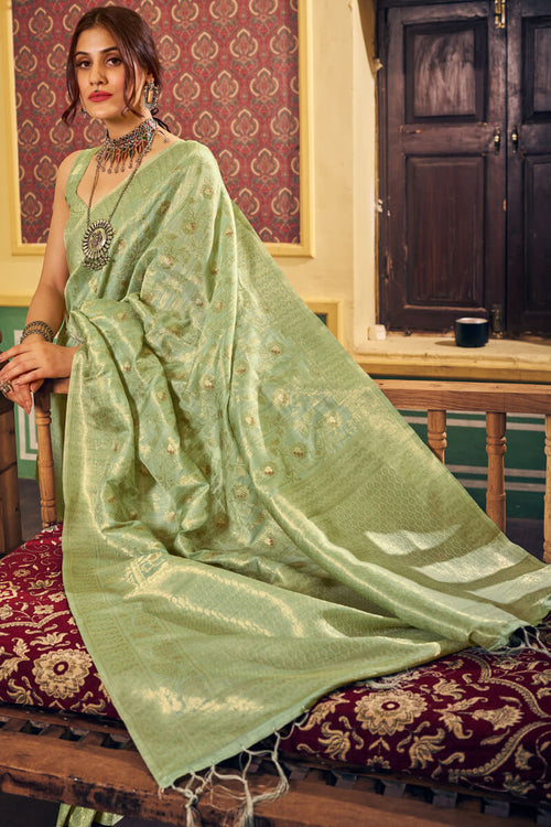 Load image into Gallery viewer, Magnetic Pista Soft Banarasi Silk Saree With Propinquity Blouse Piece
