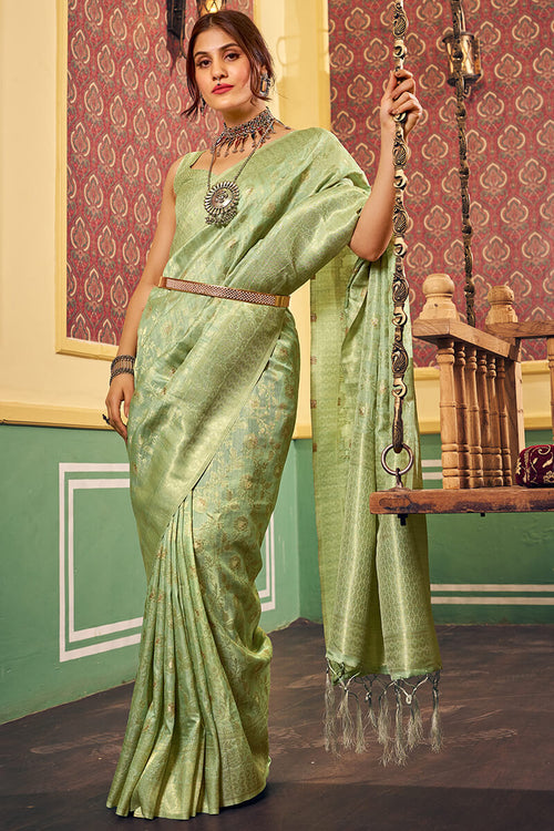 Load image into Gallery viewer, Magnetic Pista Soft Banarasi Silk Saree With Propinquity Blouse Piece
