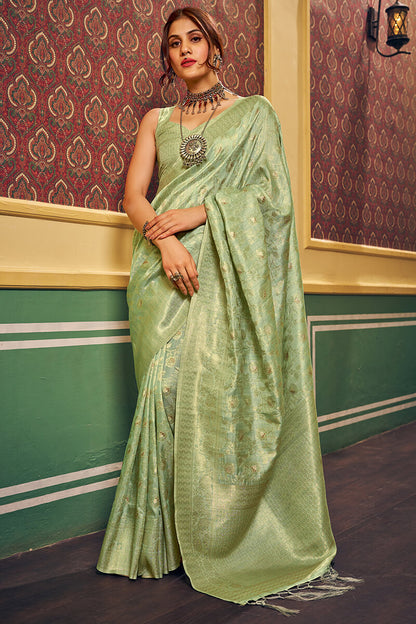 Magnetic Pista Soft Banarasi Silk Saree With Propinquity Blouse Piece