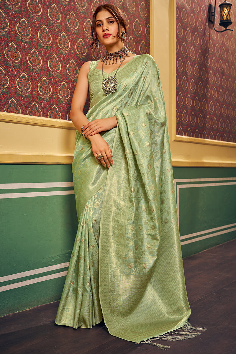 Magnetic Pista Soft Banarasi Silk Saree With Propinquity Blouse Piece