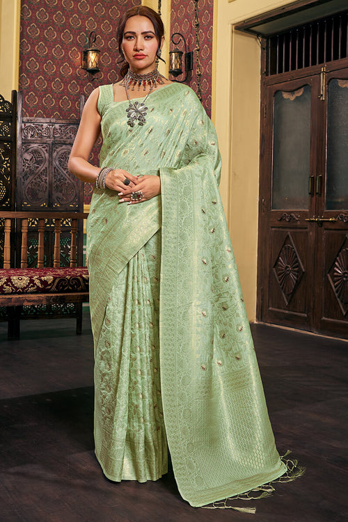 Load image into Gallery viewer, Lagniappe Sea Green Soft Banarasi Silk Saree With Comely Blouse Piece
