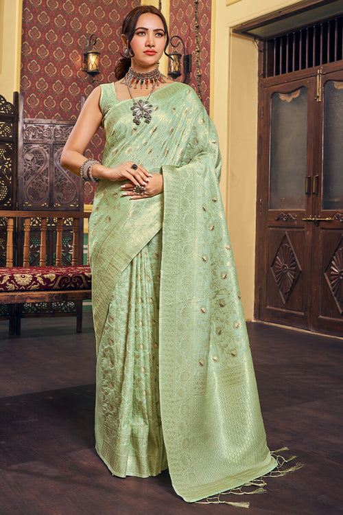 Load image into Gallery viewer, Lagniappe Sea Green Soft Banarasi Silk Saree With Comely Blouse Piece
