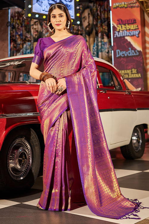 Load image into Gallery viewer, Fairytale Purple Kanjivaram Silk Saree With Assemblage Blouse Piece
