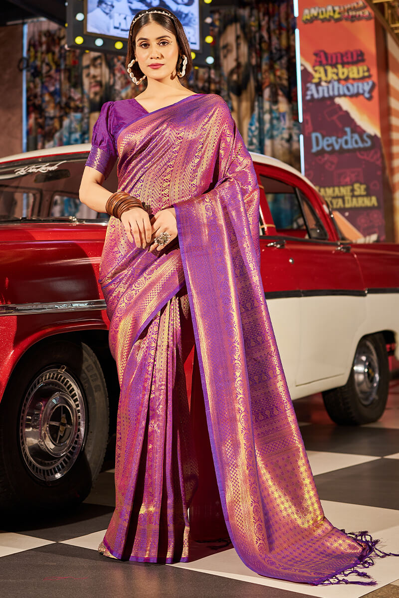 Fairytale Purple Kanjivaram Silk Saree With Assemblage Blouse Piece