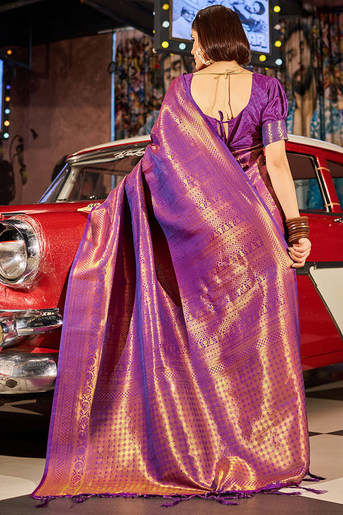 Load image into Gallery viewer, Fairytale Purple Kanjivaram Silk Saree With Assemblage Blouse Piece
