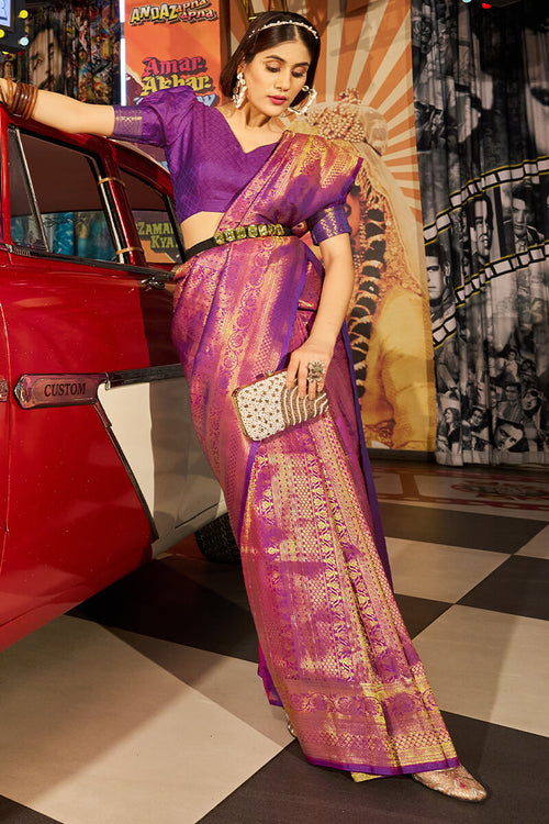 Load image into Gallery viewer, Fairytale Purple Kanjivaram Silk Saree With Assemblage Blouse Piece
