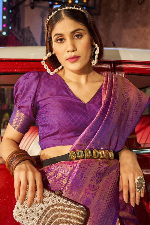 Load image into Gallery viewer, Fairytale Purple Kanjivaram Silk Saree With Assemblage Blouse Piece
