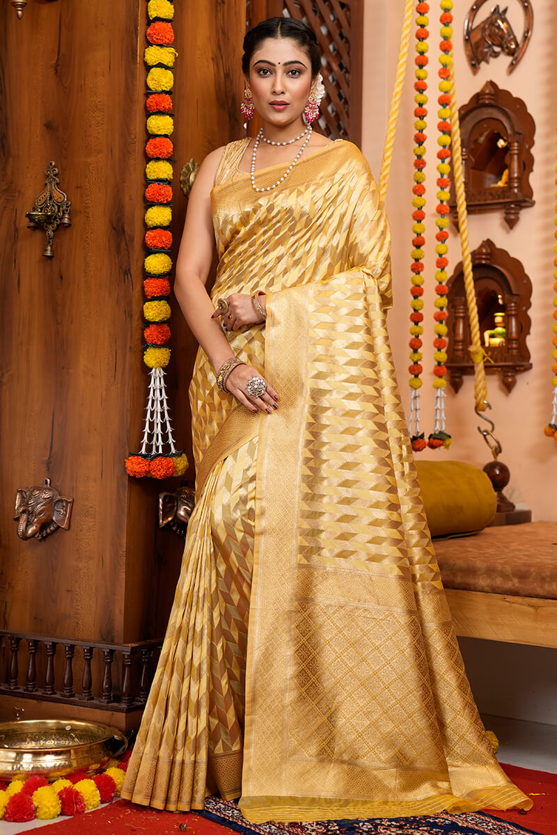 Scintilla Golden Organza Silk Saree With Snazzy Blouse Piece