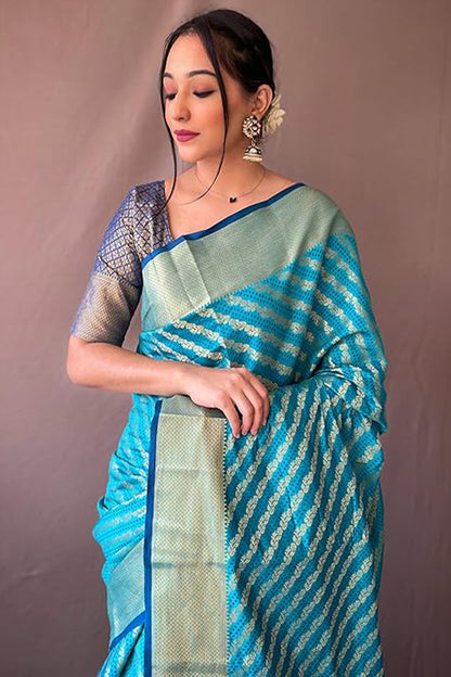 Symmetrical Firozi Soft Banarasi Silk Saree With Snazzy Blouse Piece